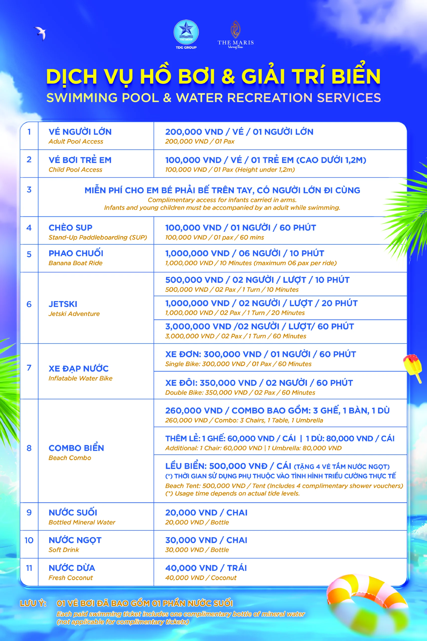 Bảng giá dịch vui vui chơi và thể thao biển